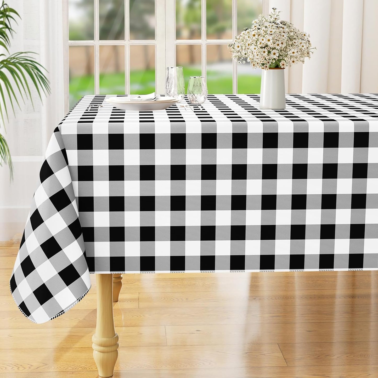 Classic Black and White Checkered Tablecloth – 60x84 Inch Rectangular – Waterproof, Wrinkle-Free