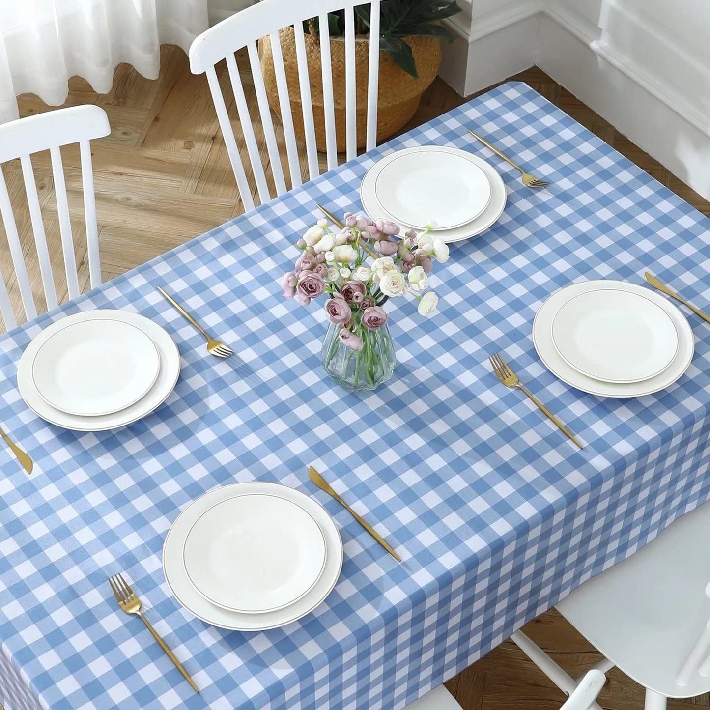 Blue & White Gingham Tablecloth – Waterproof Rectangular Table Cover for Dining Room, Kitchen or Picnic