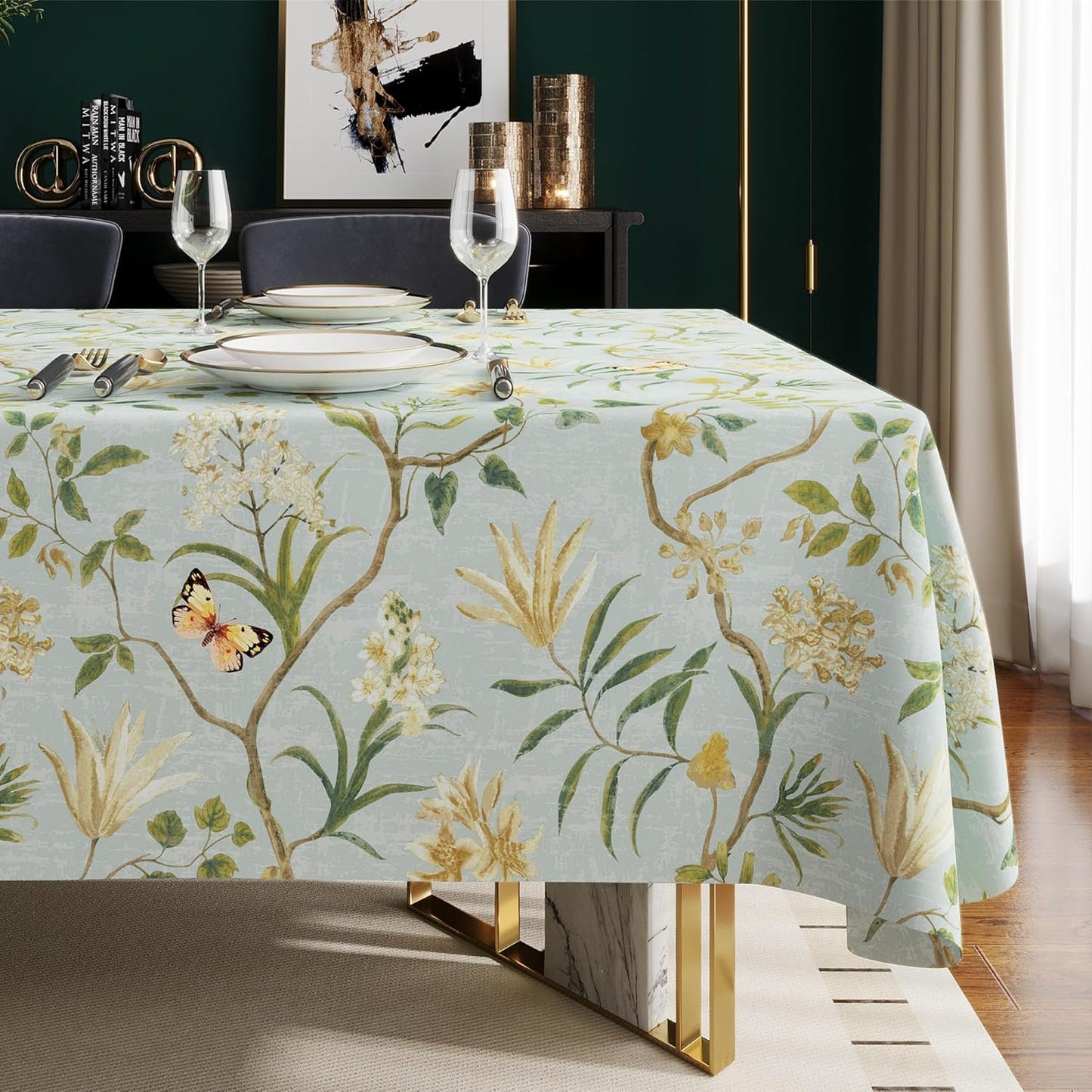 Waterproof Floral Tablecloth with Butterfly Design – Spill-Resistant Table Cover