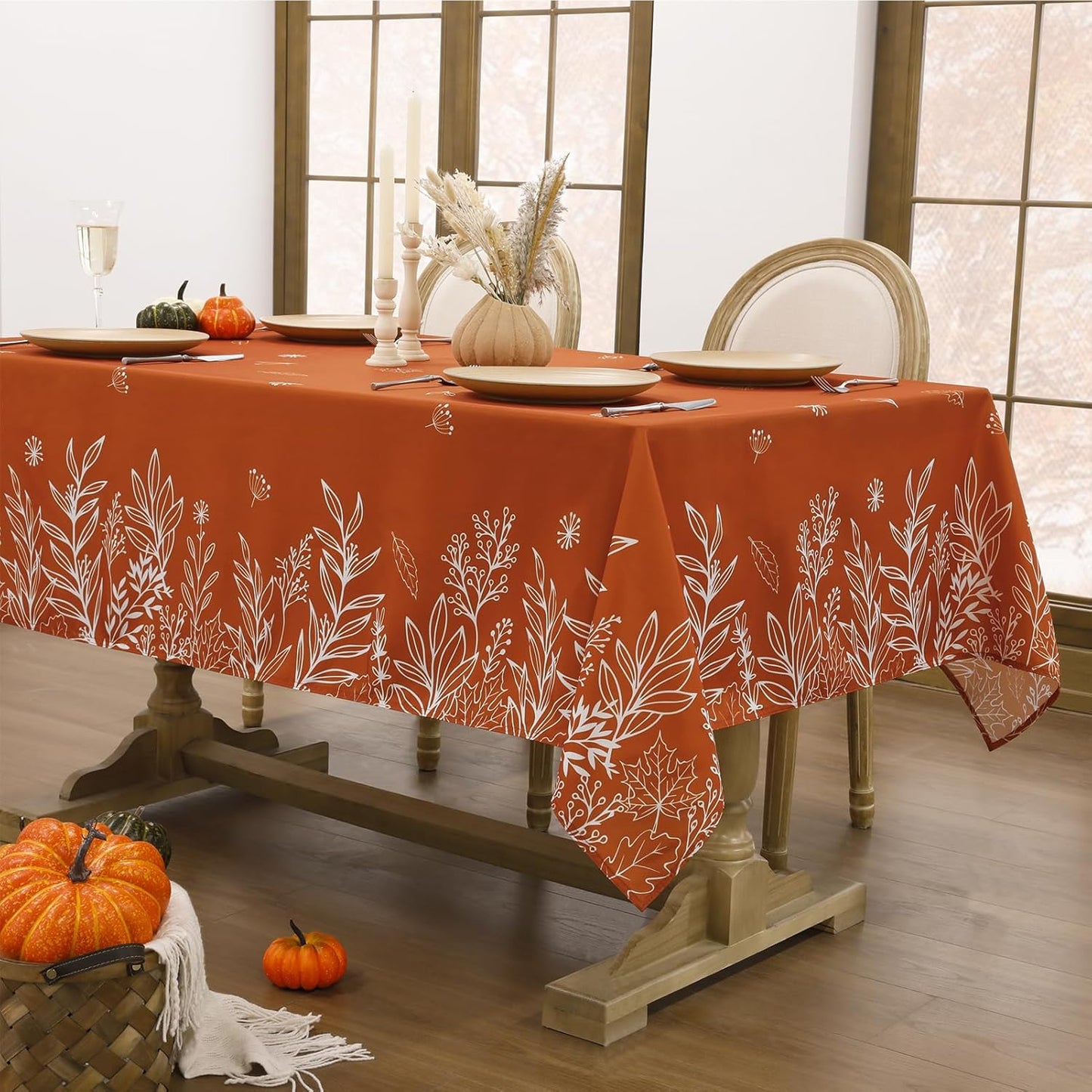 60 x 84 Inch Autumn Tablecloth – Waterproof & Stain-Resistant – Fall Leaf Print in Rust Orange