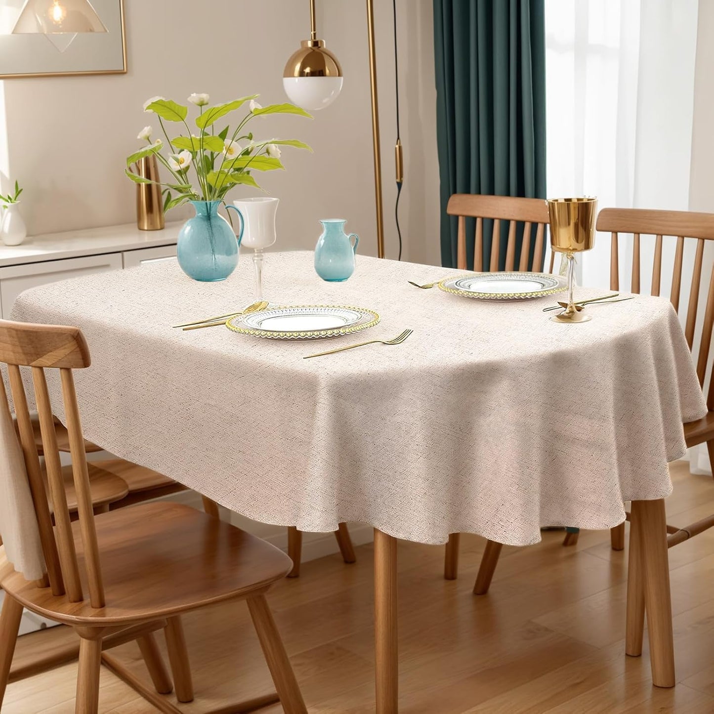 Elegant Round Beige Tablecloth – Textured Woven Look, Waterproof & Spill-Resistant