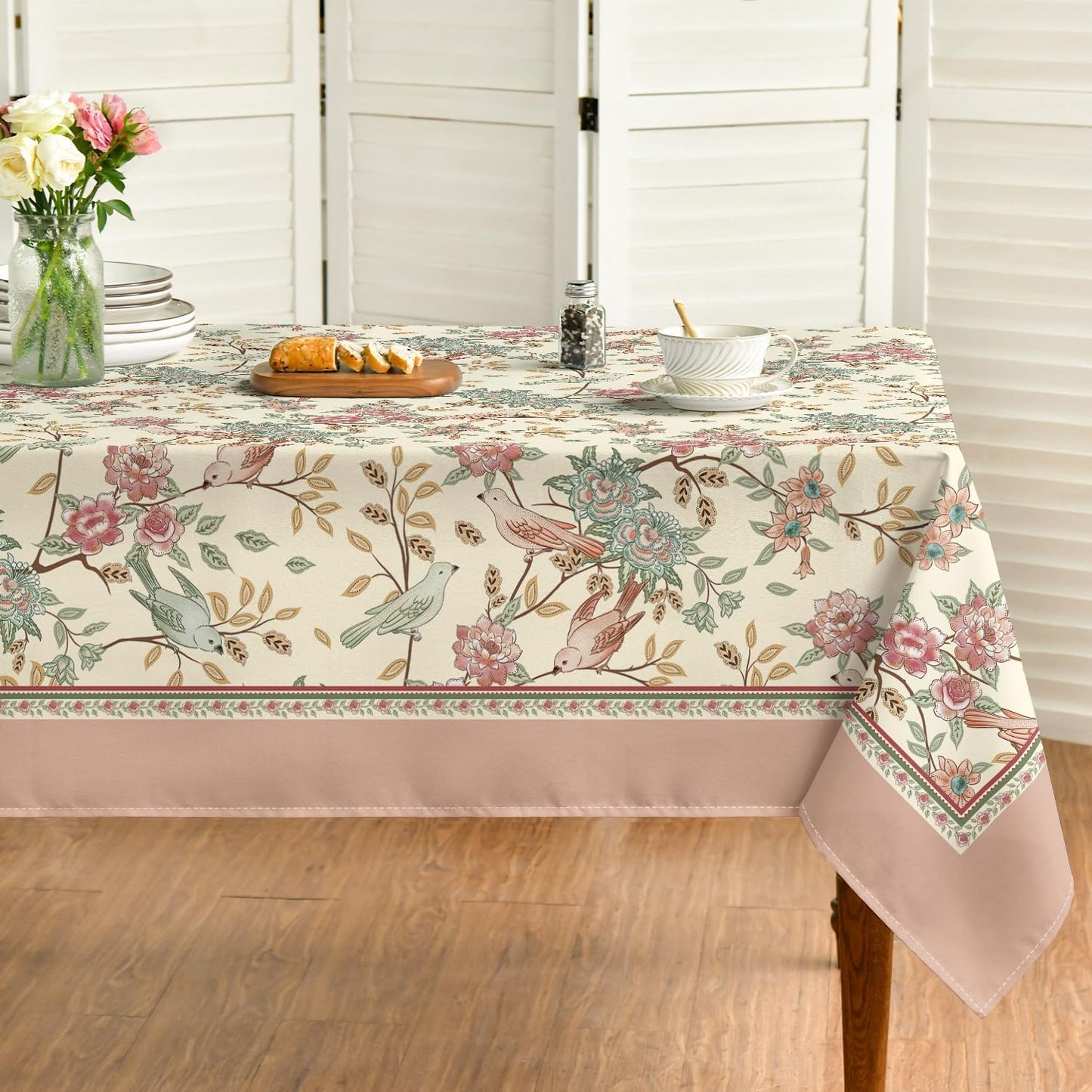 Country Bird & Floral Print Tablecloth – Waterproof & Stain-Resistant – Rectangular Dining Table Cover