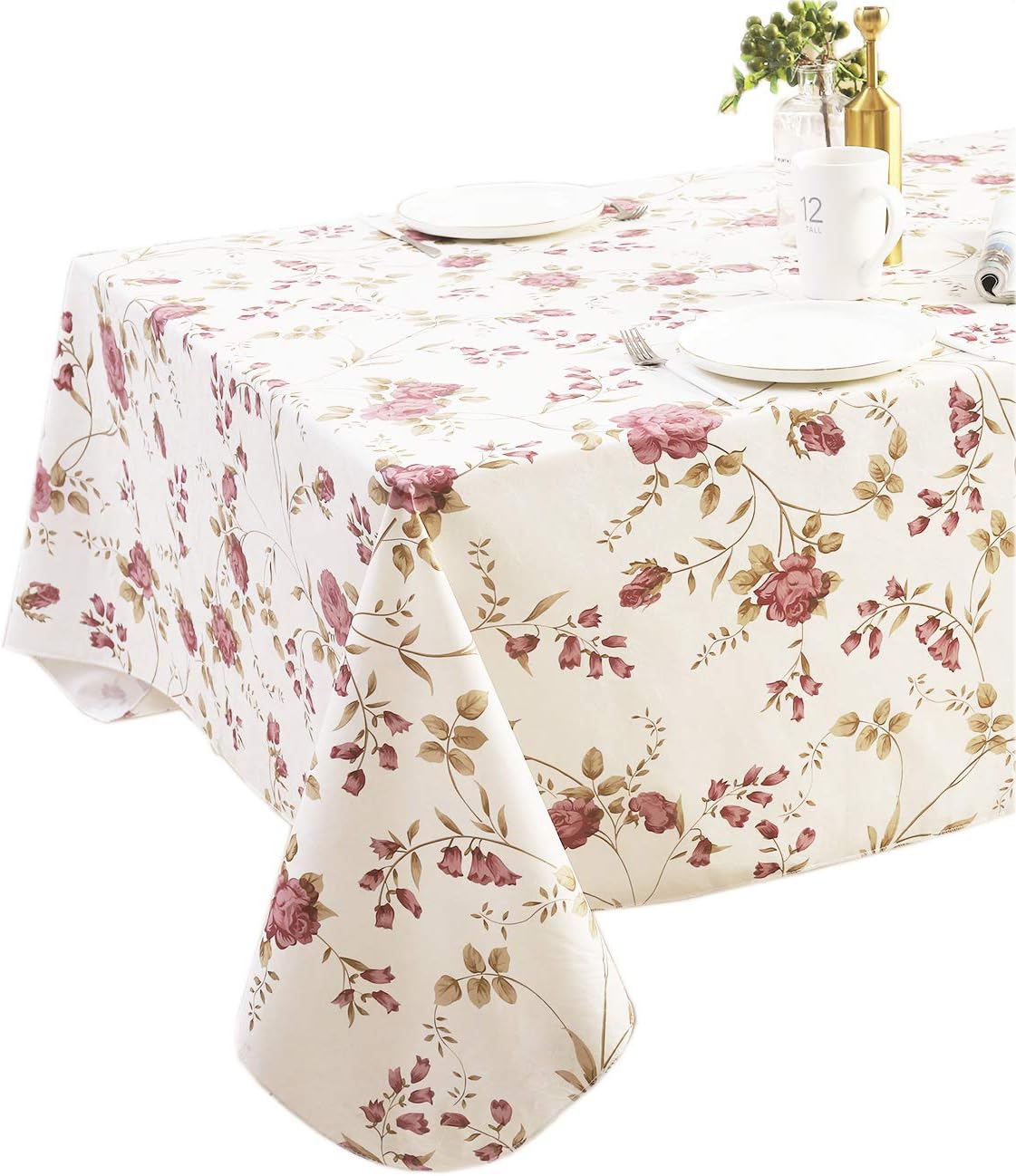 60 x 84 Inch Romantic Floral Tablecloth – Waterproof & Stain-Resistant – Rose Vine Print Rectangular Table Cover