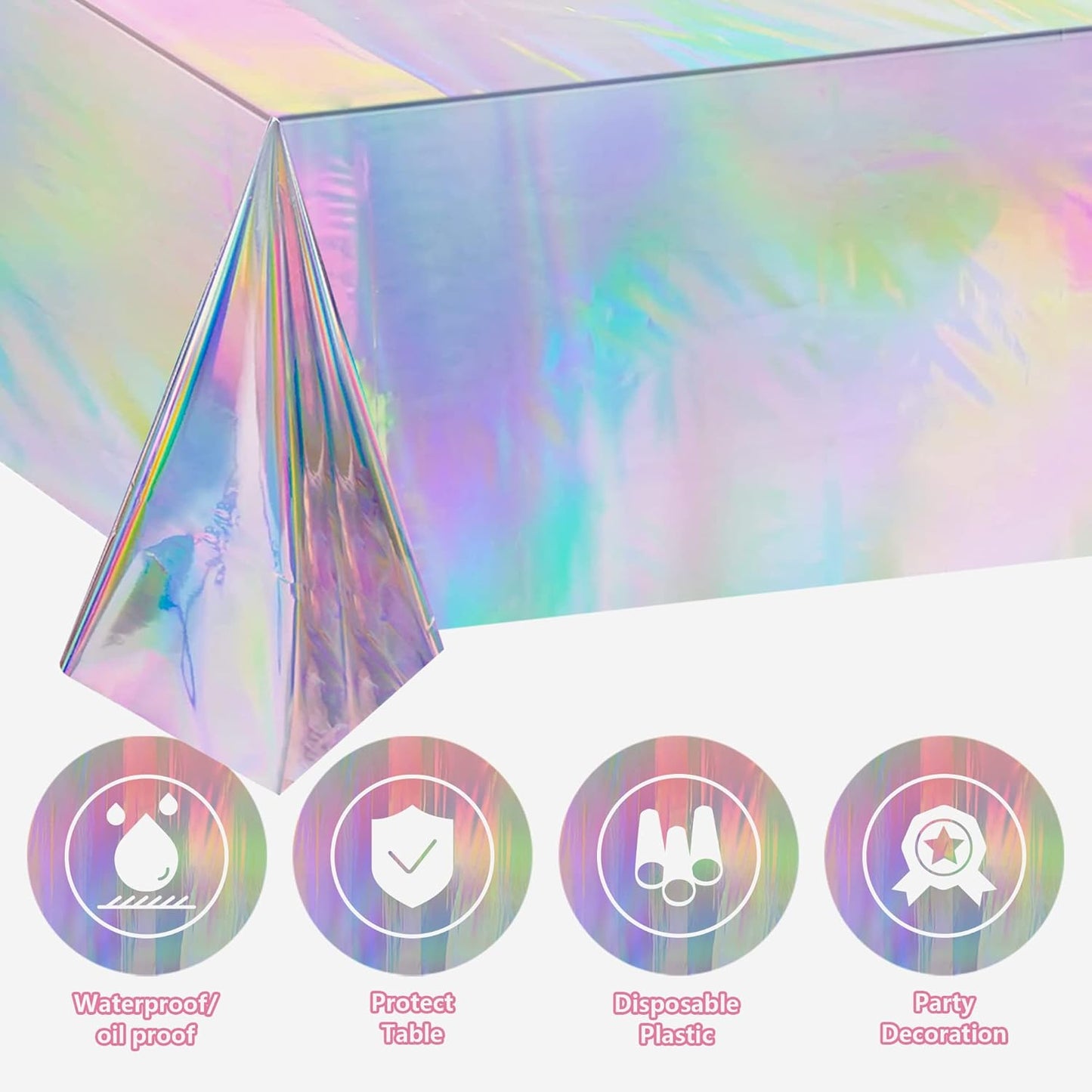 Holographic Rainbow Plastic Tablecloth – 108 x 54 Inch – Iridescent Party Decoration for Birthday, Wedding, Events