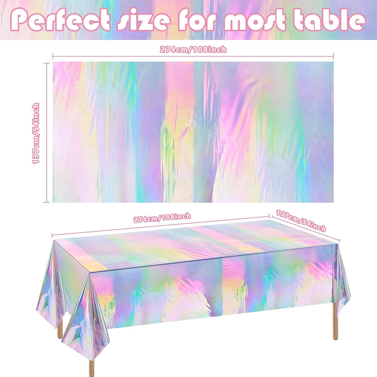 Holographic Rainbow Plastic Tablecloth – 108 x 54 Inch – Iridescent Party Decoration for Birthday, Wedding, Events