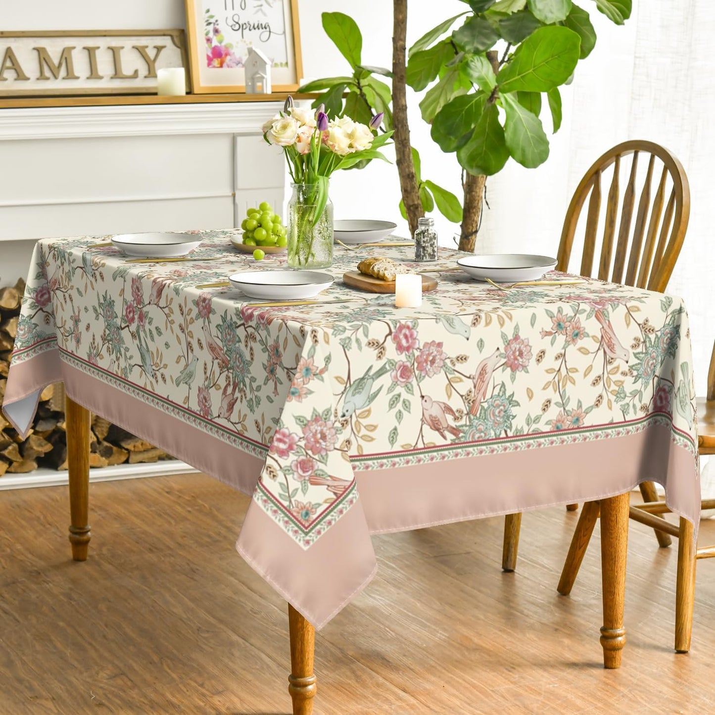 Country Bird & Floral Print Tablecloth – Waterproof & Stain-Resistant – Rectangular Dining Table Cover