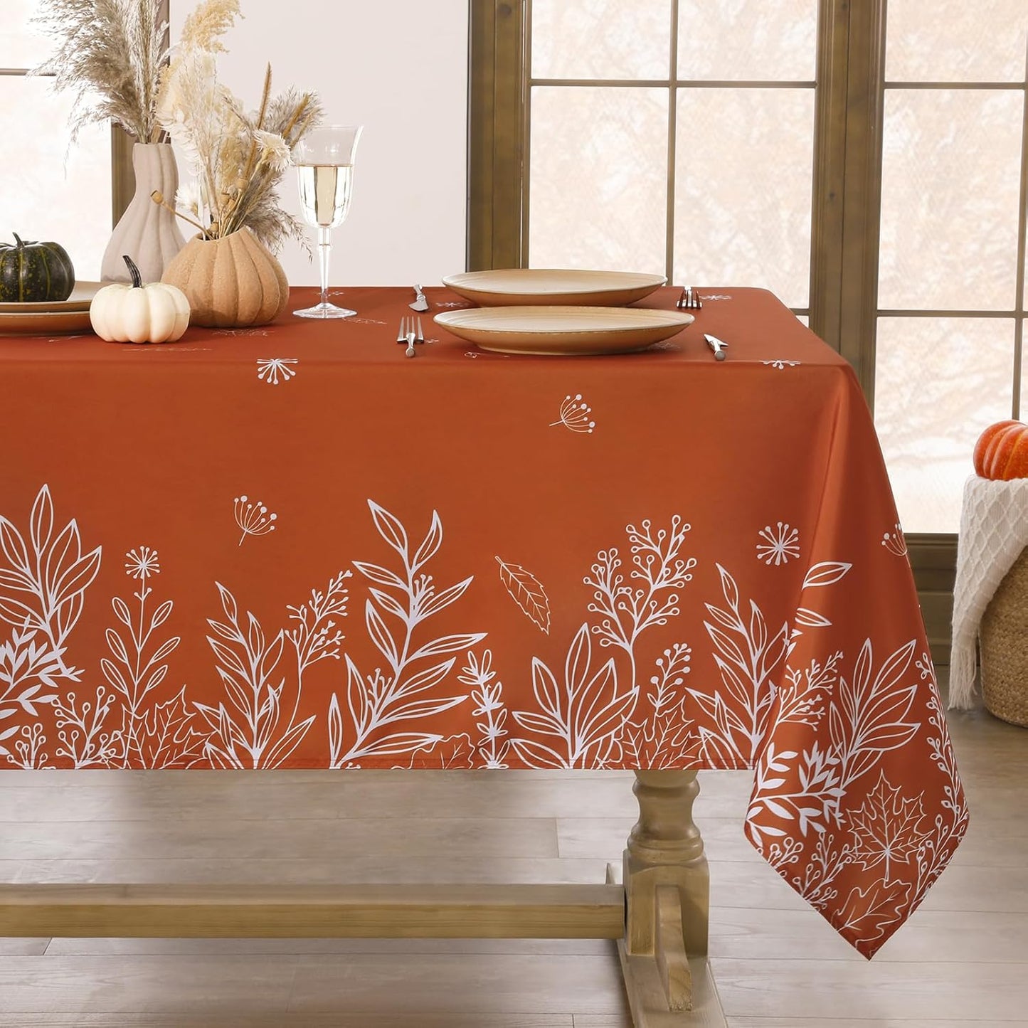 60 x 84 Inch Autumn Tablecloth – Waterproof & Stain-Resistant – Fall Leaf Print in Rust Orange