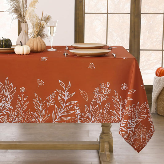 60 x 84 Inch Autumn Tablecloth – Waterproof & Stain-Resistant – Fall Leaf Print in Rust Orange