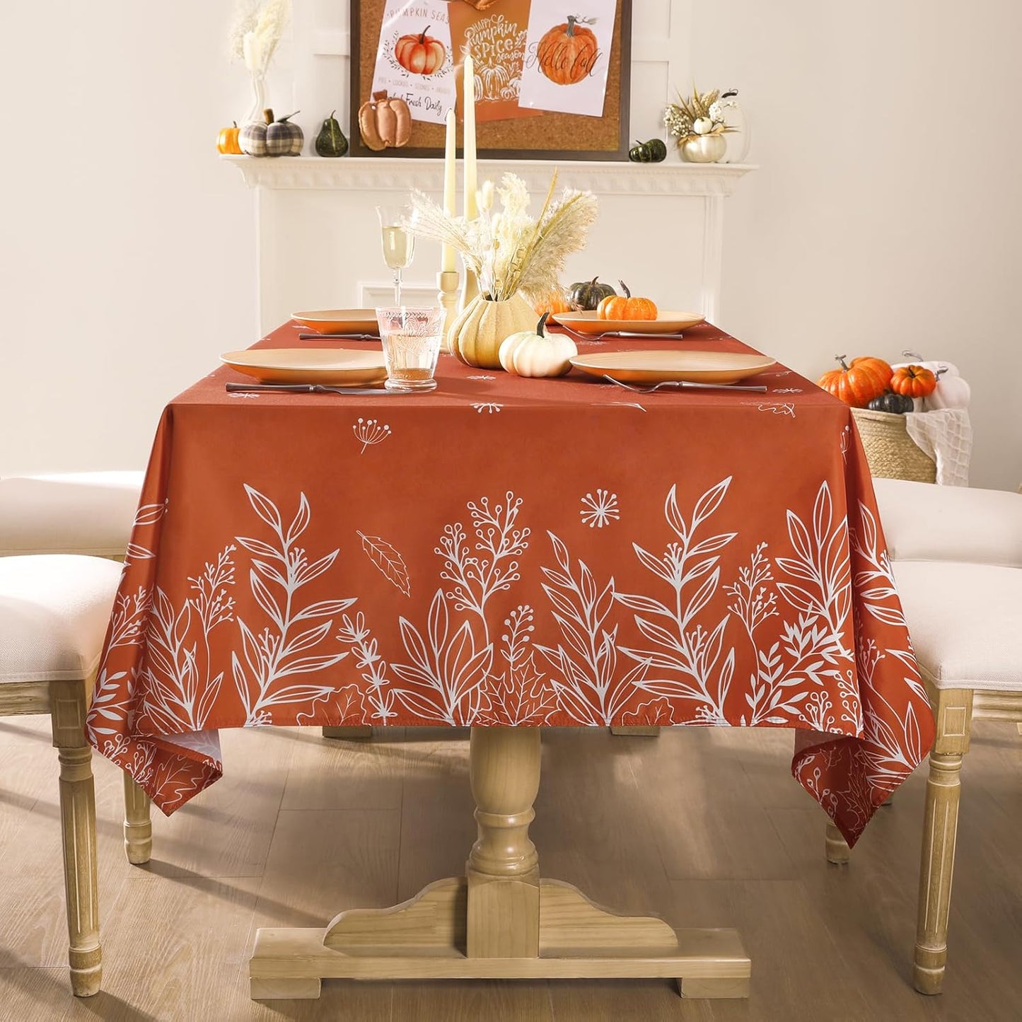 60 x 84 Inch Autumn Tablecloth – Waterproof & Stain-Resistant – Fall Leaf Print in Rust Orange
