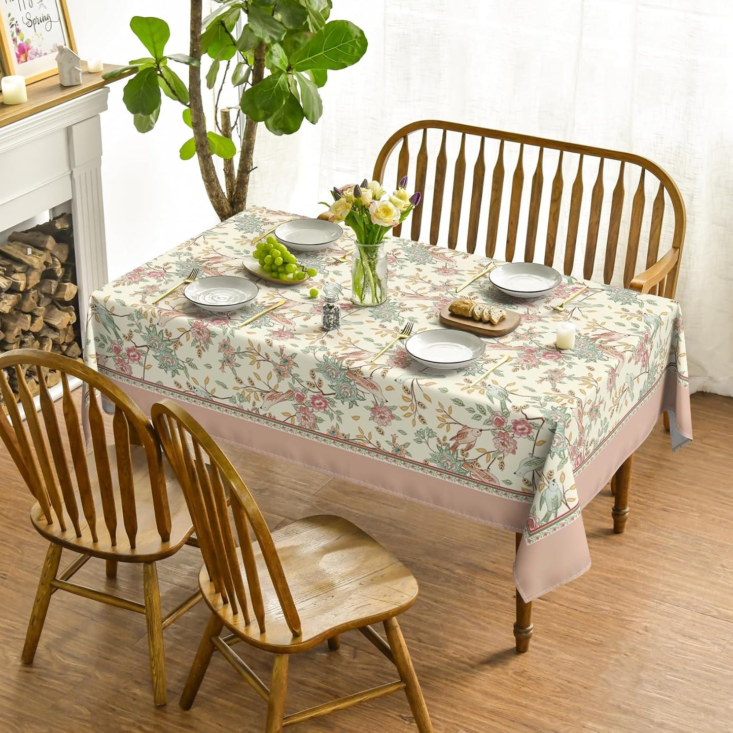 Country Bird & Floral Print Tablecloth – Waterproof & Stain-Resistant – Rectangular Dining Table Cover