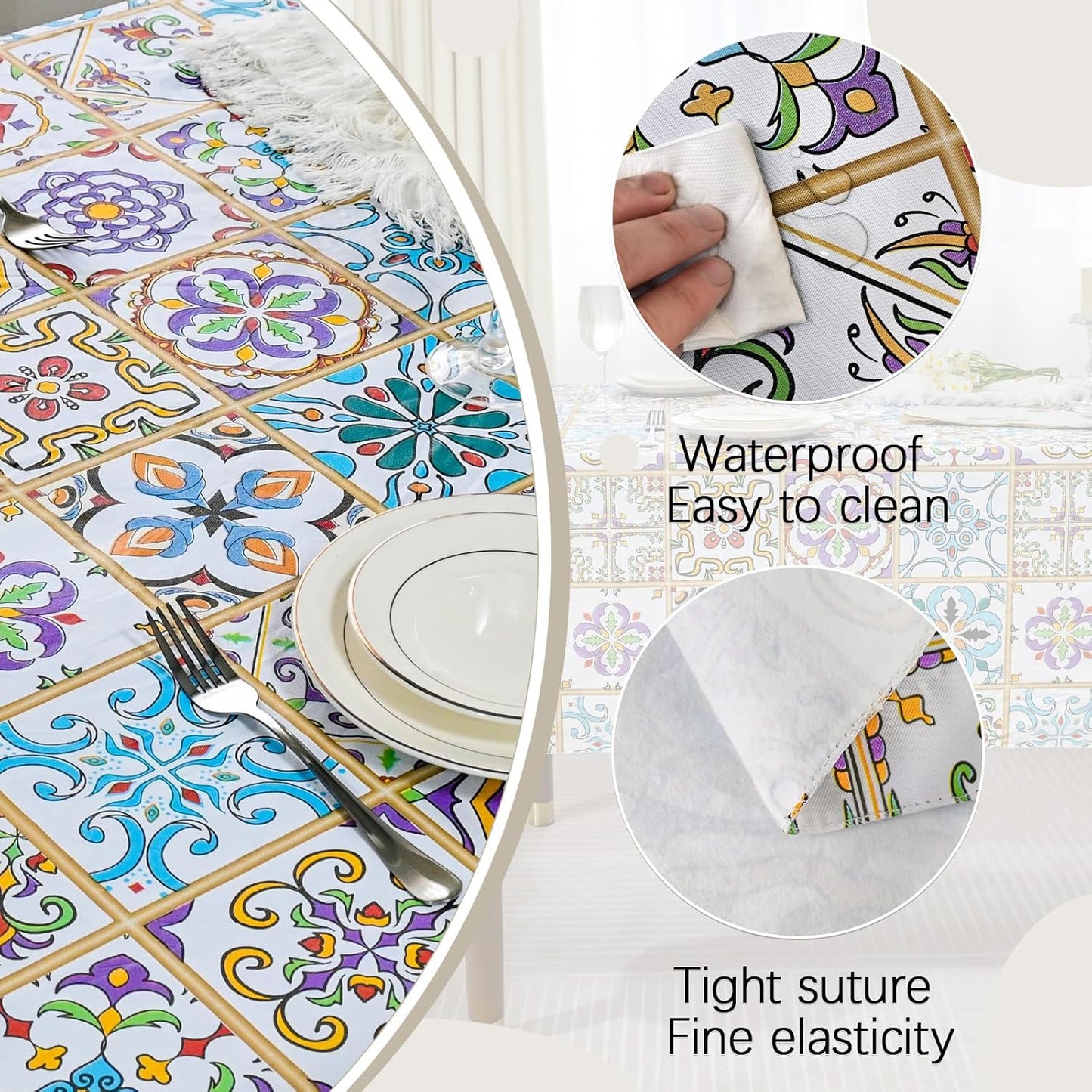 Colorful Mediterranean Mosaic Tablecloth – Waterproof & Stain-Resistant – 52x70 inch Rectangular