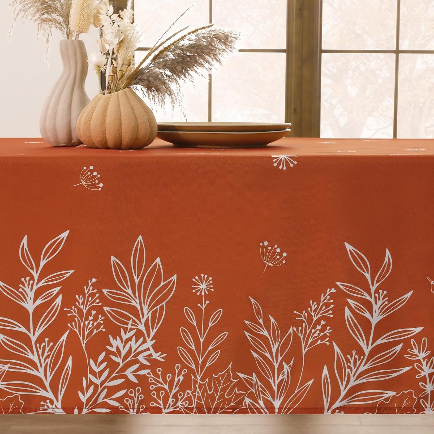 60 x 84 Inch Autumn Tablecloth – Waterproof & Stain-Resistant – Fall Leaf Print in Rust Orange