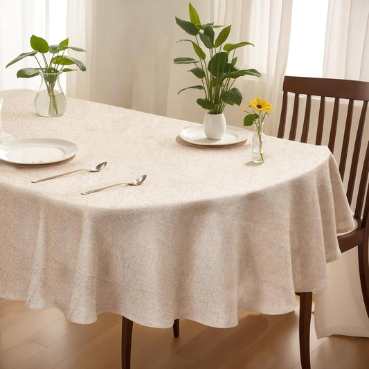 Elegant Round Beige Tablecloth – Textured Woven Look, Waterproof & Spill-Resistant