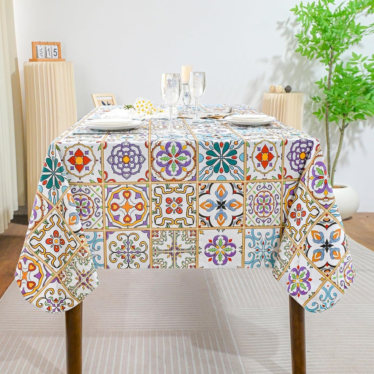 Colorful Mediterranean Mosaic Tablecloth – Waterproof & Stain-Resistant – 52x70 inch Rectangular