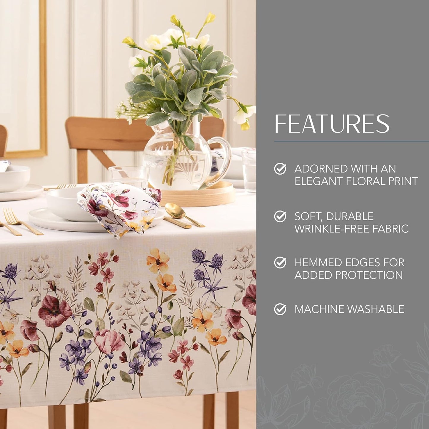 60 x 84 Inch Floral Border Tablecloth – Waterproof, Stain-Resistant – Elegant Rectangular Table Cover