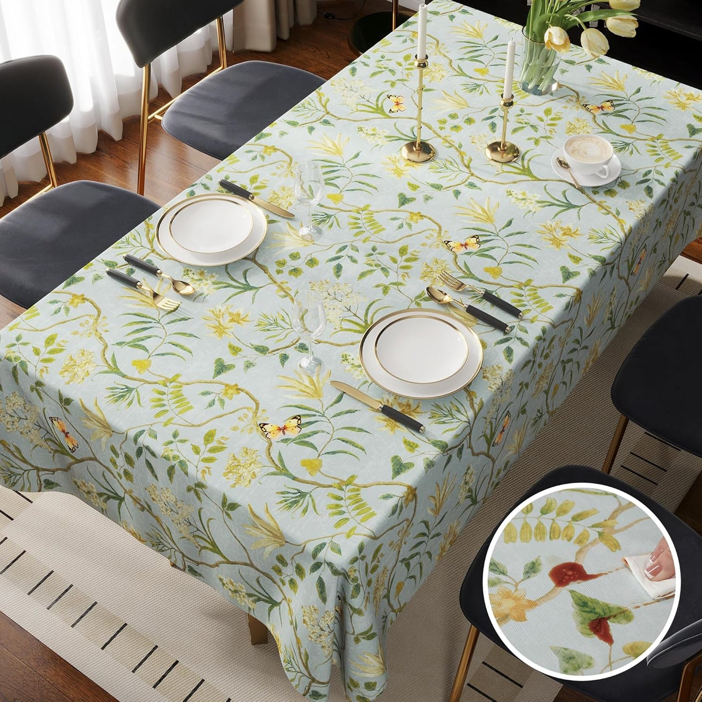 Waterproof Floral Tablecloth with Butterfly Design – Spill-Resistant Table Cover